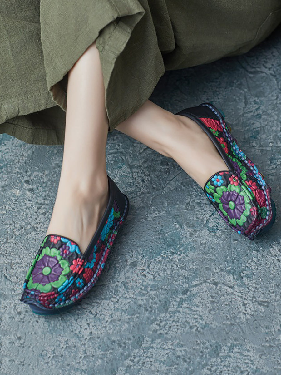 Scarpe piatte morbide in pelle con fiori estivi da donna