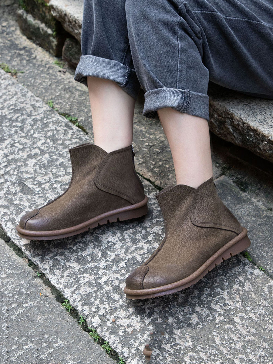 Women Vintage Genuine Leather Spliced Flat Ankle Boots