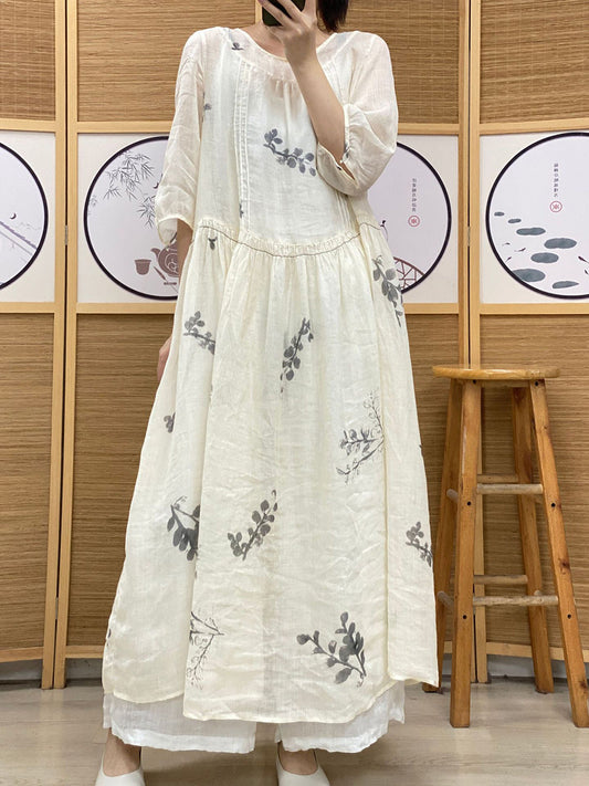 Vestito da donna vintage estivo etnico con pieghe a foglia in ramiè