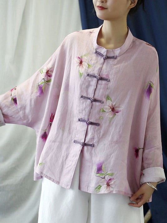 Cappotto camicia vintage da donna con fiori rosa primaverili in ramiè