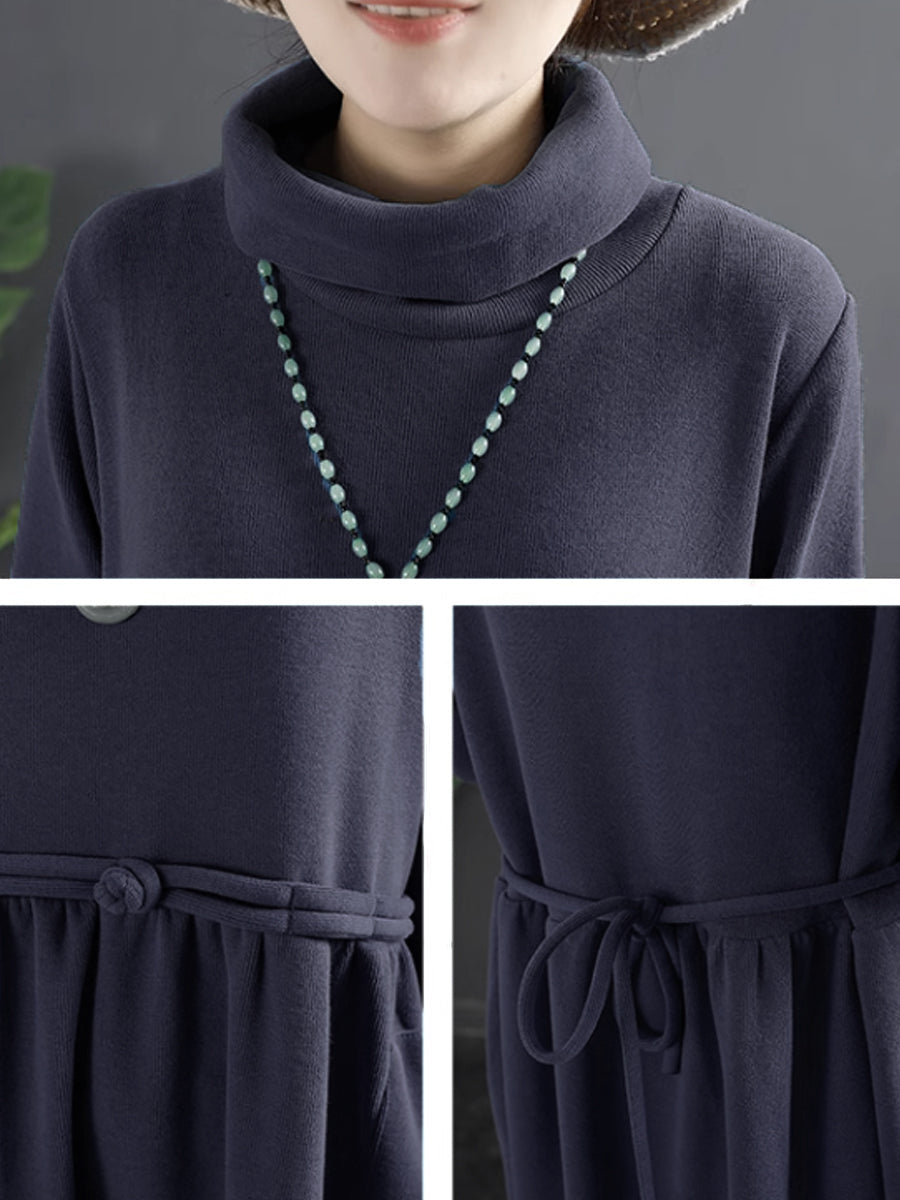 Abito lungo drappeggiato con collo alto in colore puro da donna