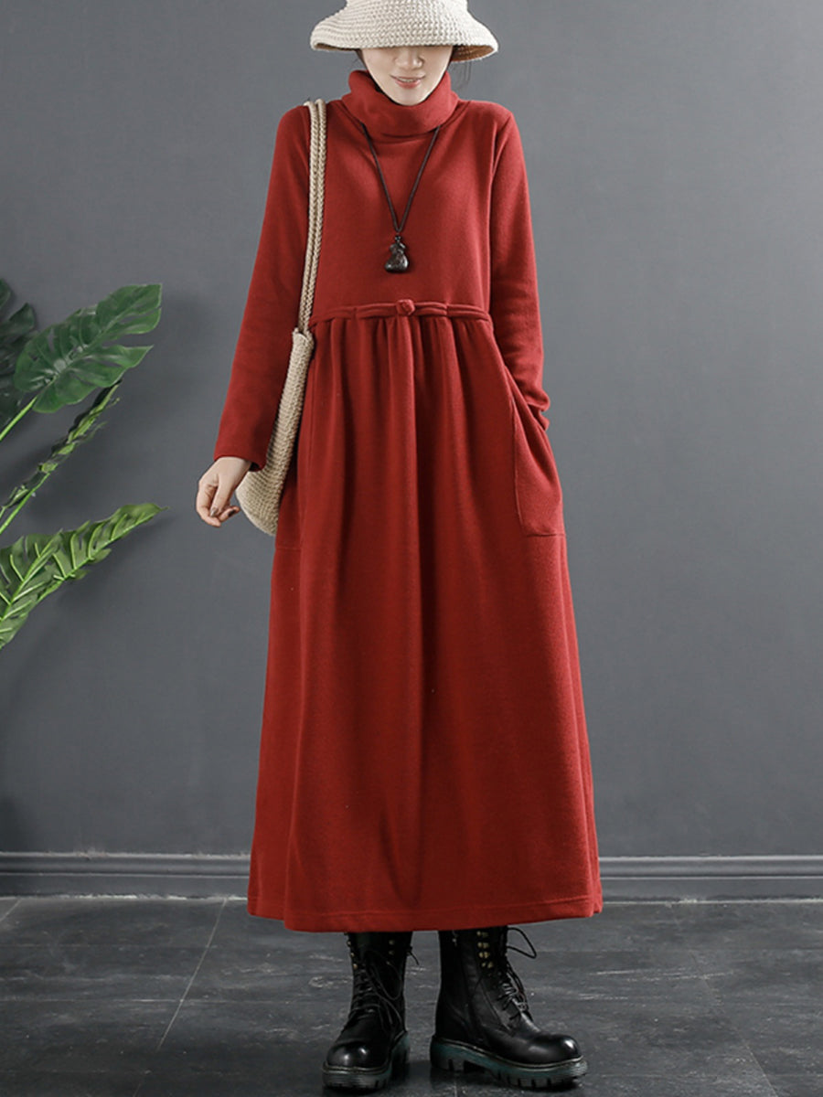 Abito lungo drappeggiato con collo alto in colore puro da donna