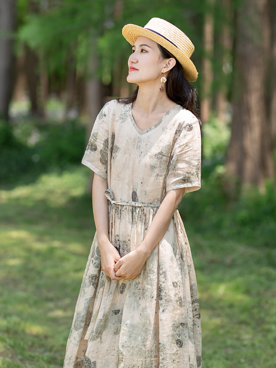 Robe en ramie à cordon de serrage et imprimé à l'encre pour femme
