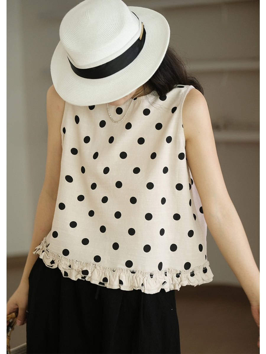 Gilet ample en coton à ourlet en dentelle à pois pour femme
