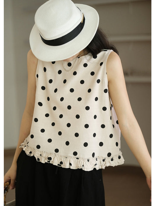 Gilet casual da donna in cotone largo con orlo in pizzo a pois