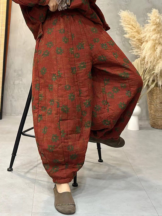 Pantaloni imbottiti in cotone con fiori vintage da donna