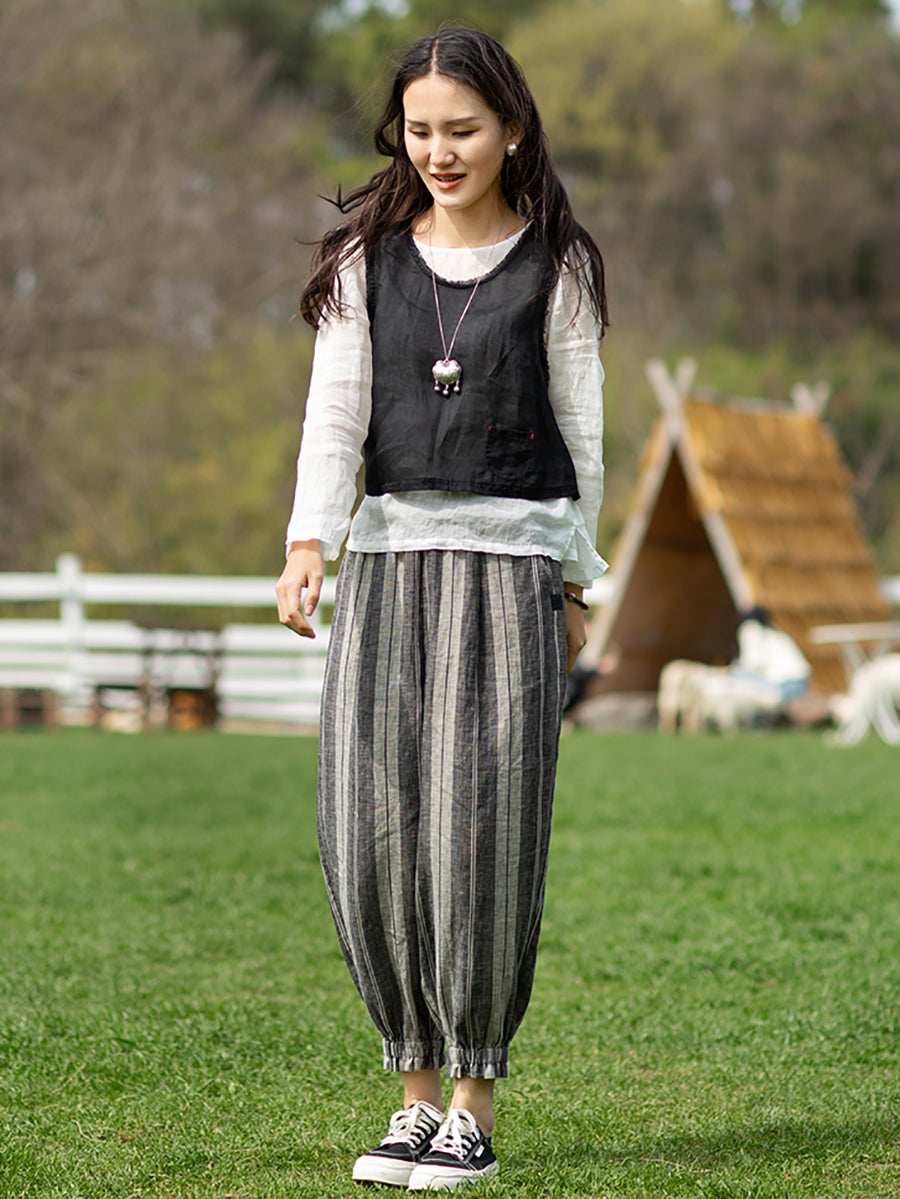 Women Retro Stripe Yarndyed Pocket Linen Harem Pants