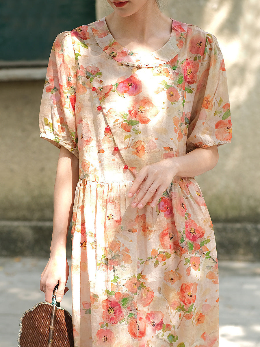 Vestito da donna vintage estivo con bottoni floreali e ampio in ramiè