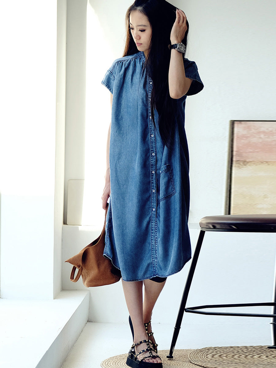 Vestito estivo casual da donna in denim blu tinta unita 