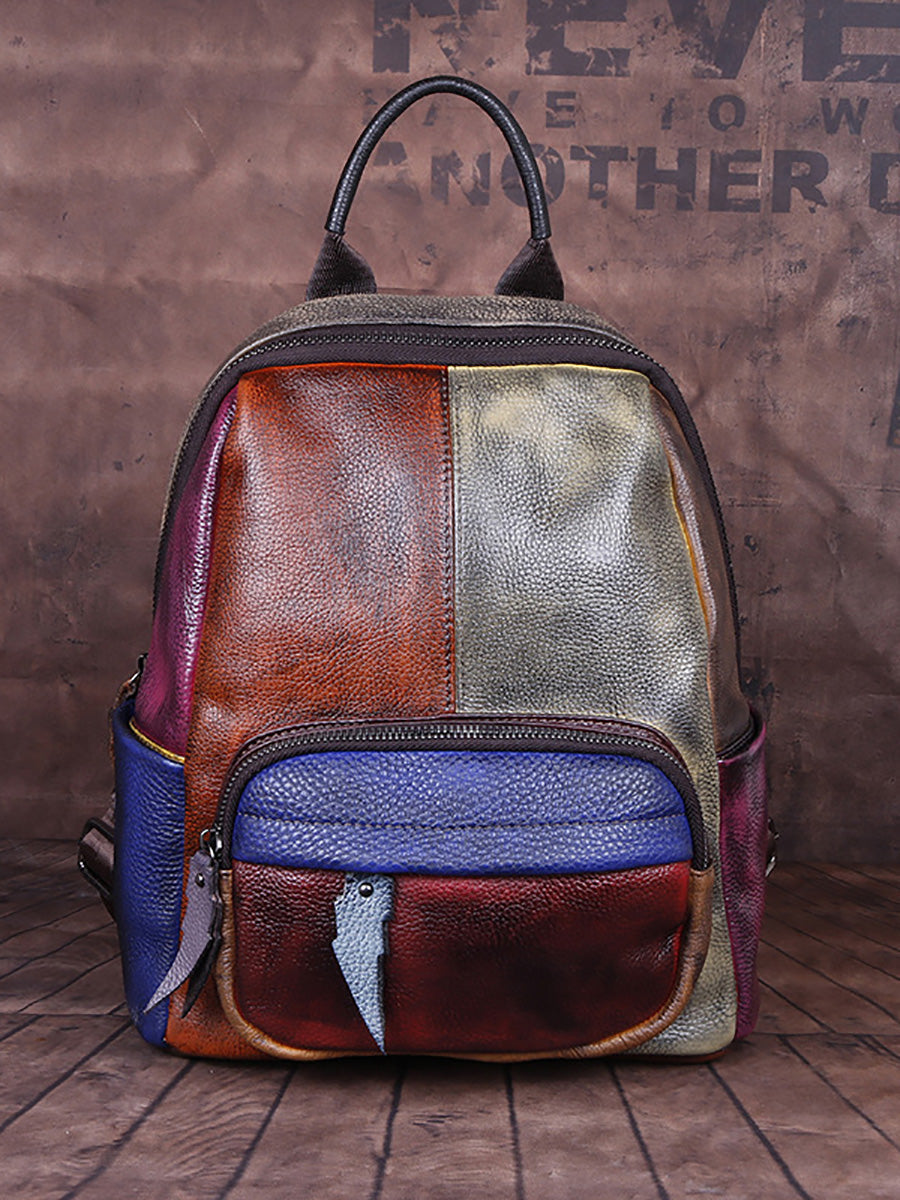 Zaino da esterno in pelle dipinto a mano colorblock da donna