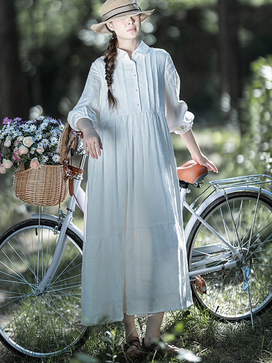 Women 100%Linen Shirred Solid Spring Dress
