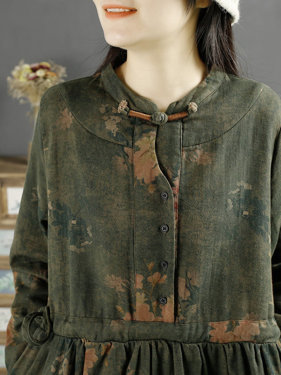 Abito da donna in cotone con stampa a foglia vintage autunnale