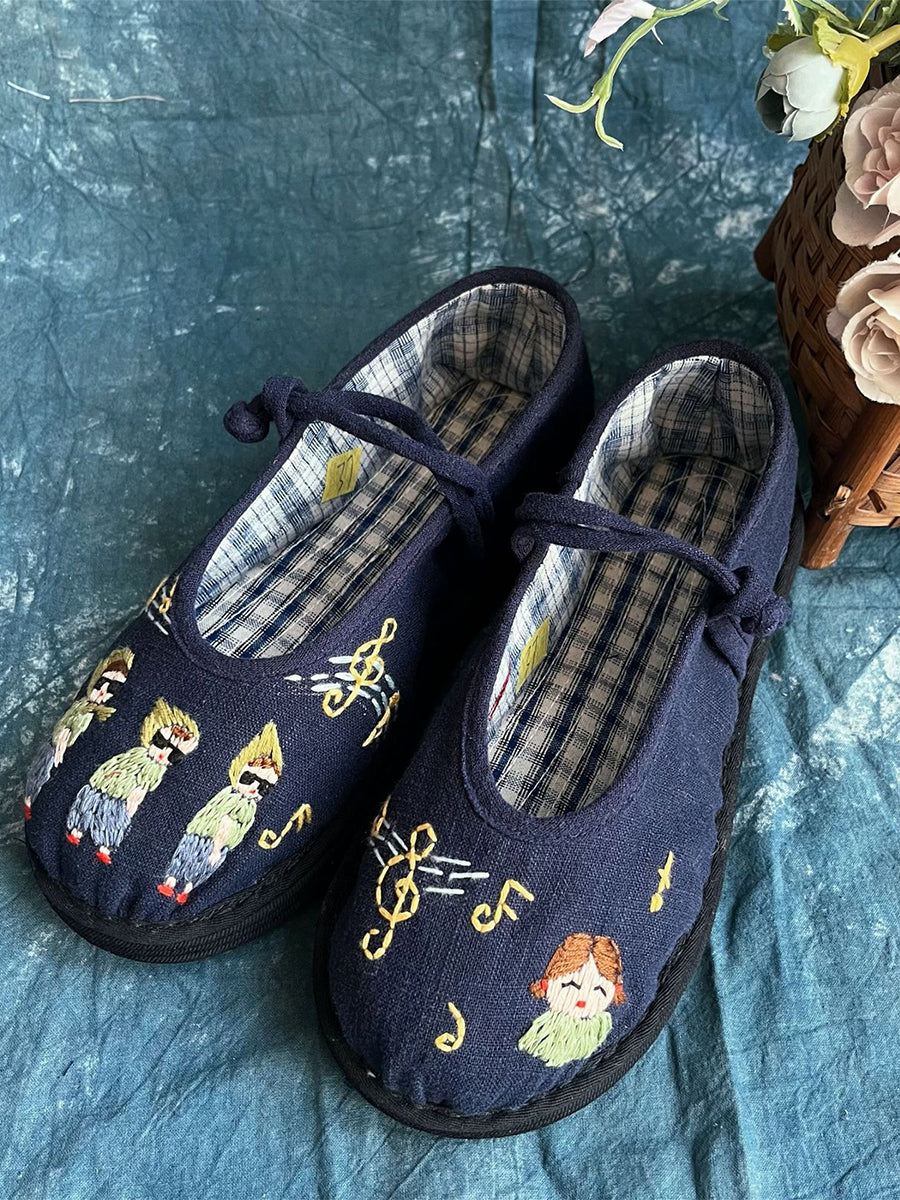 Scarpe da donna in stoffa con ricamo a cartoni animati vintage
