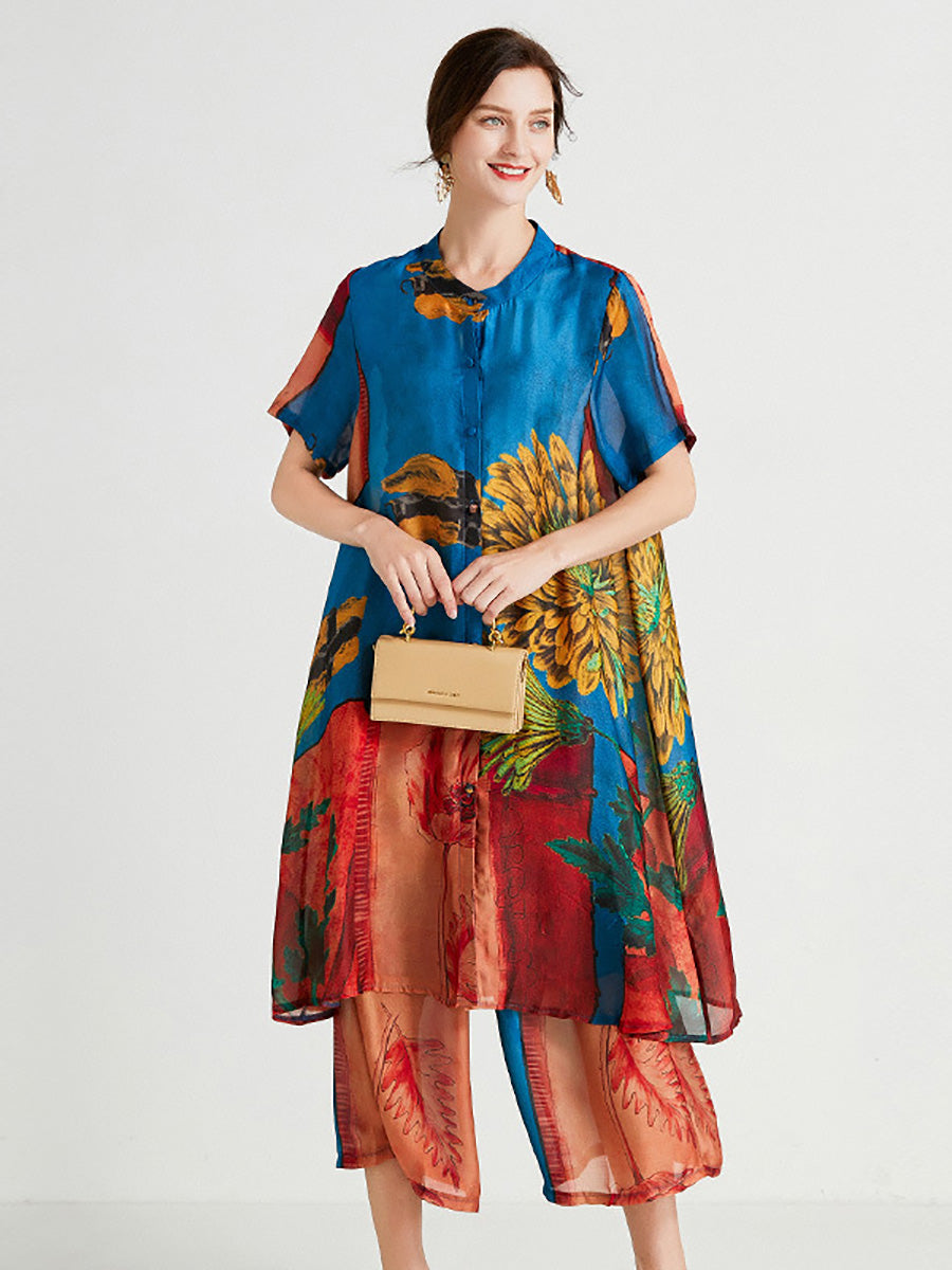 Camicia lunga con fiori artistici e pantaloni da donna