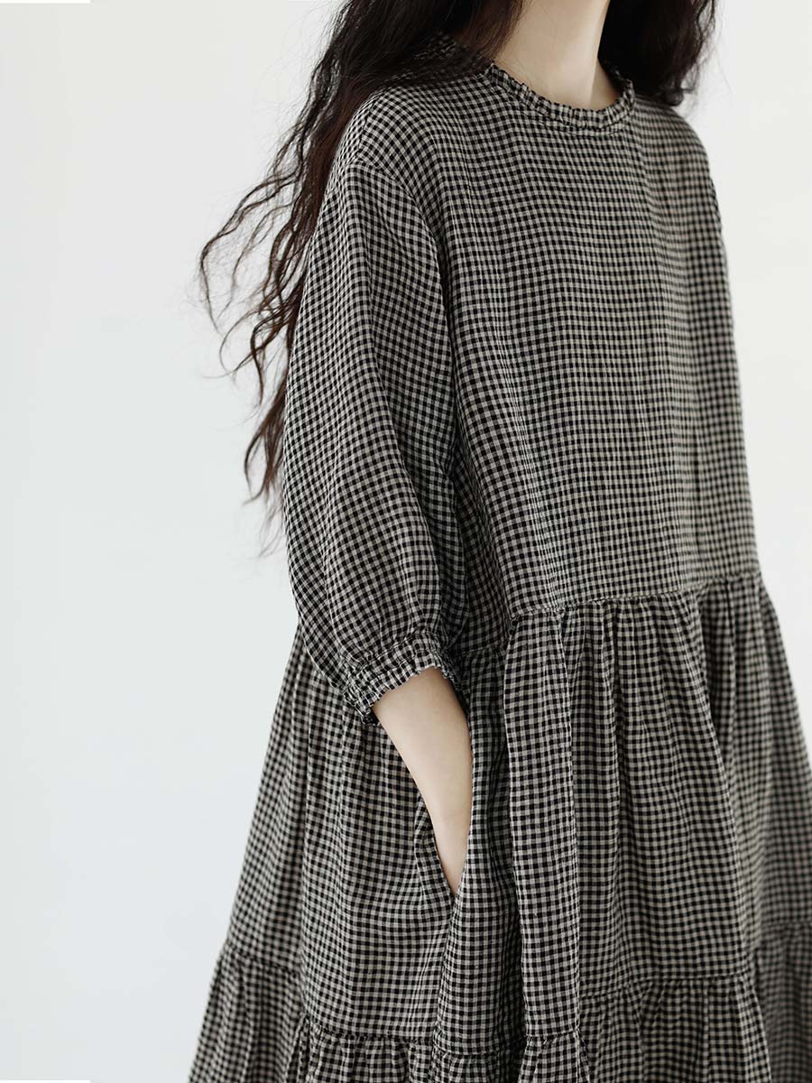 Women Artsy Plaid Spliced 100%Cotton Tiered Dress