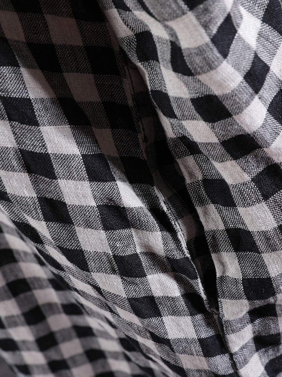 Abito cardigan in lino largo con tasca a quadri casual da donna