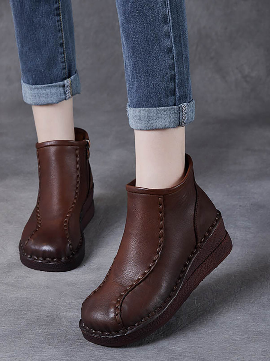Bottes mi-talons rétro en cuir souple avec doublure polaire pour femmes 