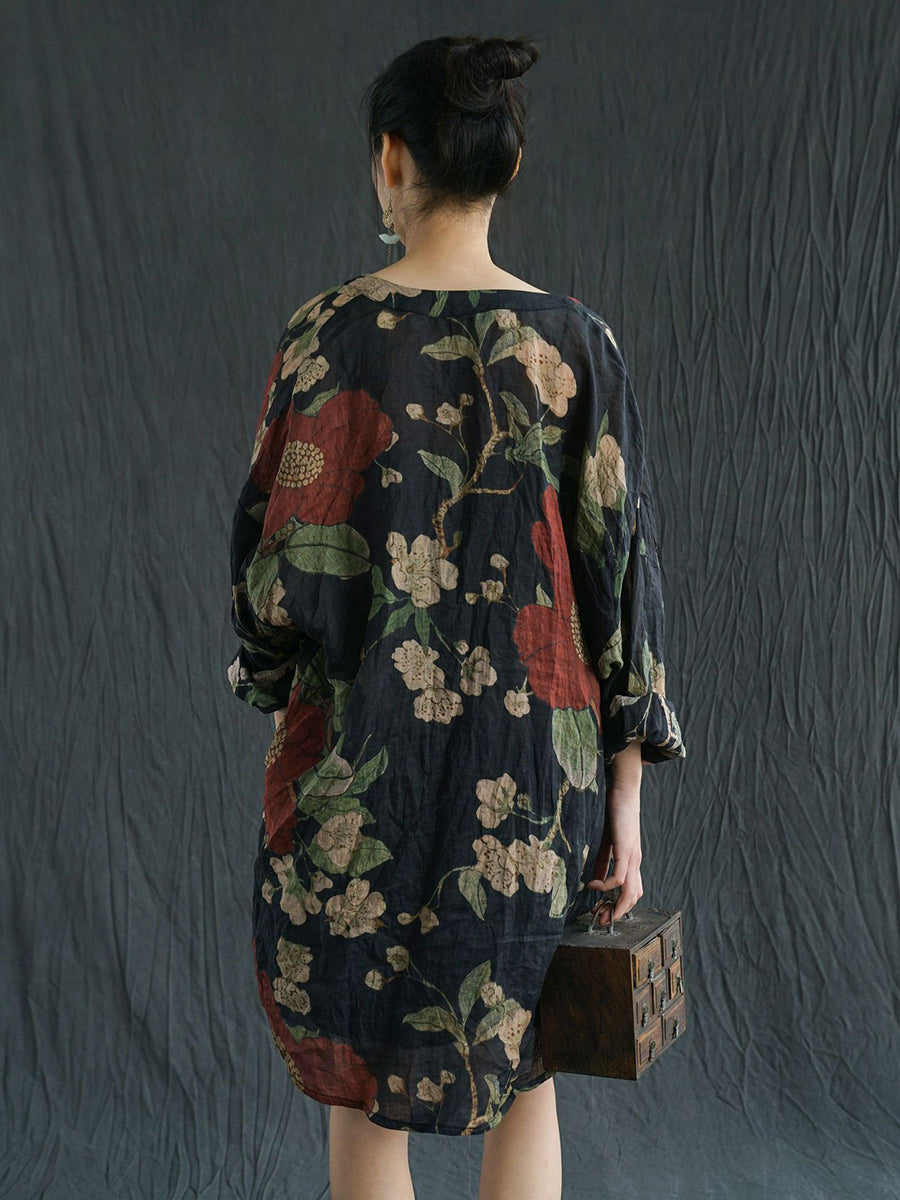 Camicia lunga primaverile con stampa floreale vintage da donna in ramiè