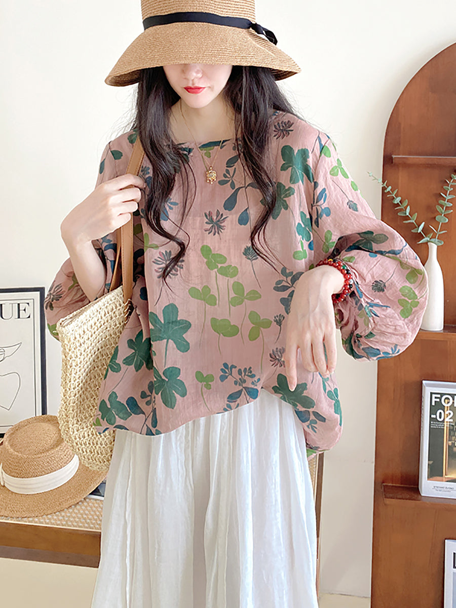 Camicia a collo alto con fiori artistici estivi da donna