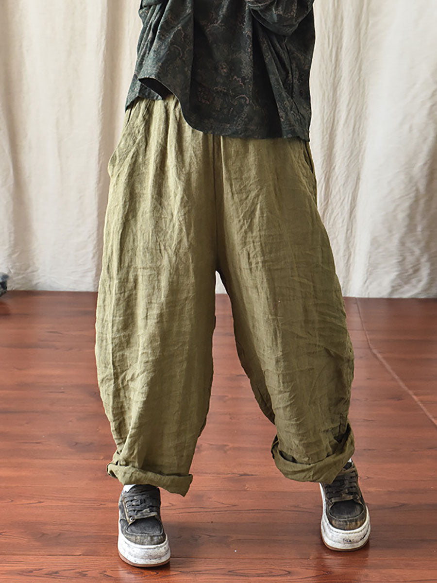 Pantalon en lin décontracté pour femme, couleur unie, ample, taille élastique