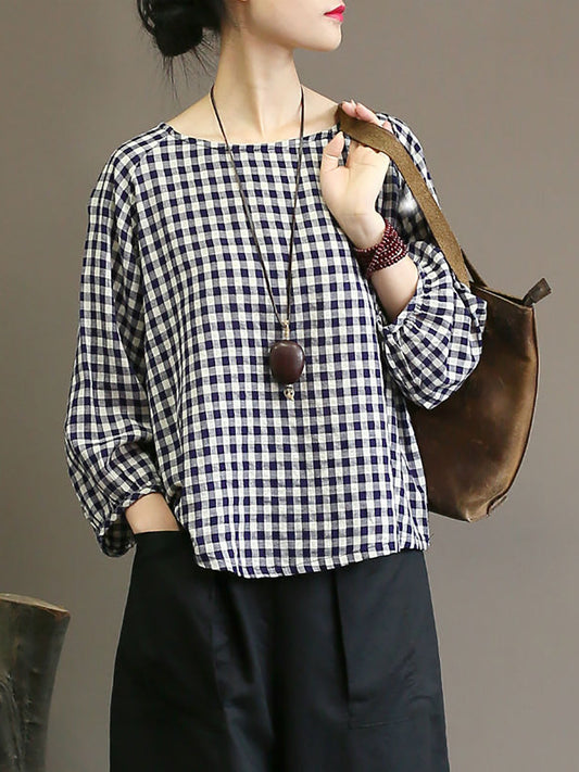 Maglione largo in cotone con motivo scozzese vintage estivo da donna