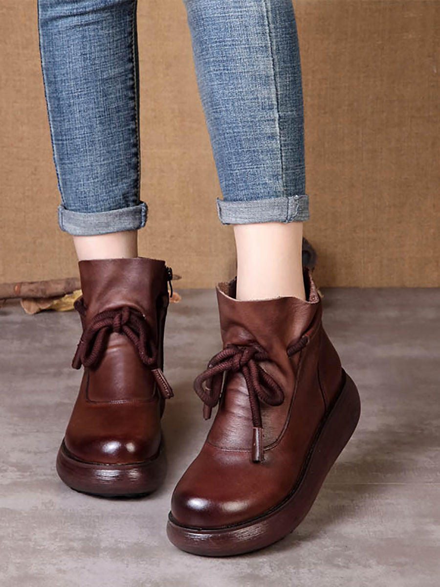 Stivali da donna vintage invernali in pelle con plateau