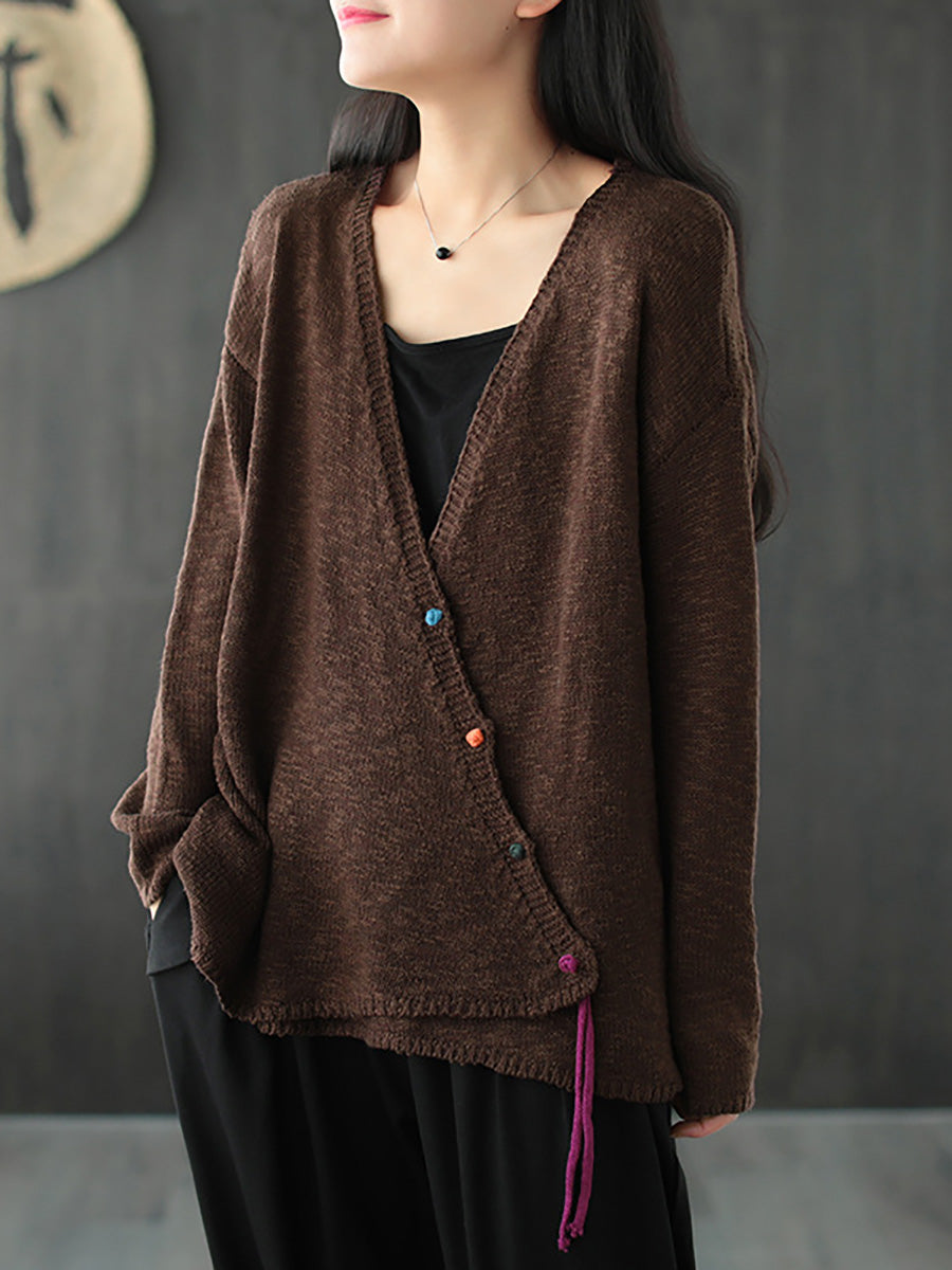 Women Knitted Retro Pure Color Vneck Sweater Coat