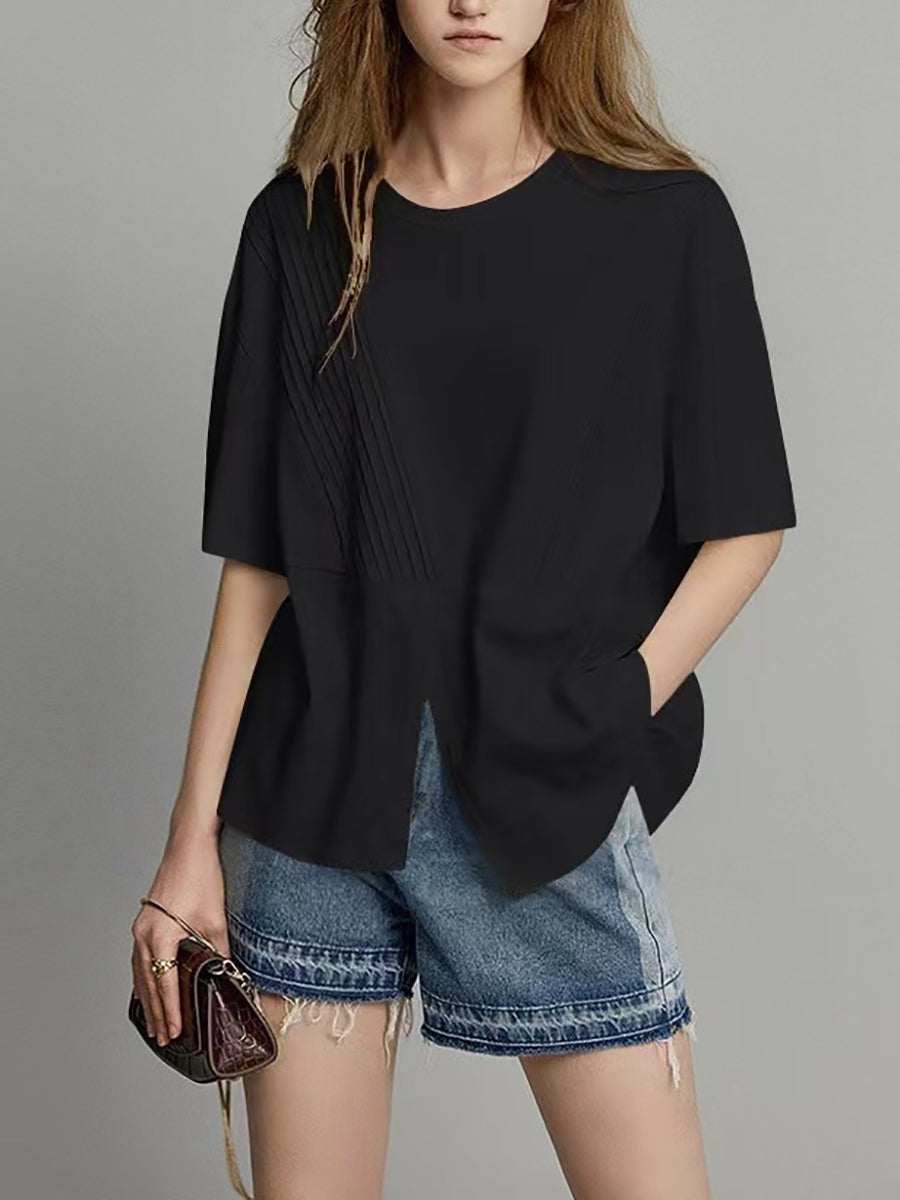 Camicia estiva casual da donna con orlo diviso e pieghe unite