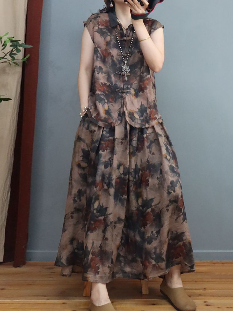 Chemise/jupe d'été en lin à imprimé grenouille et fleurs de style chinois pour femmes