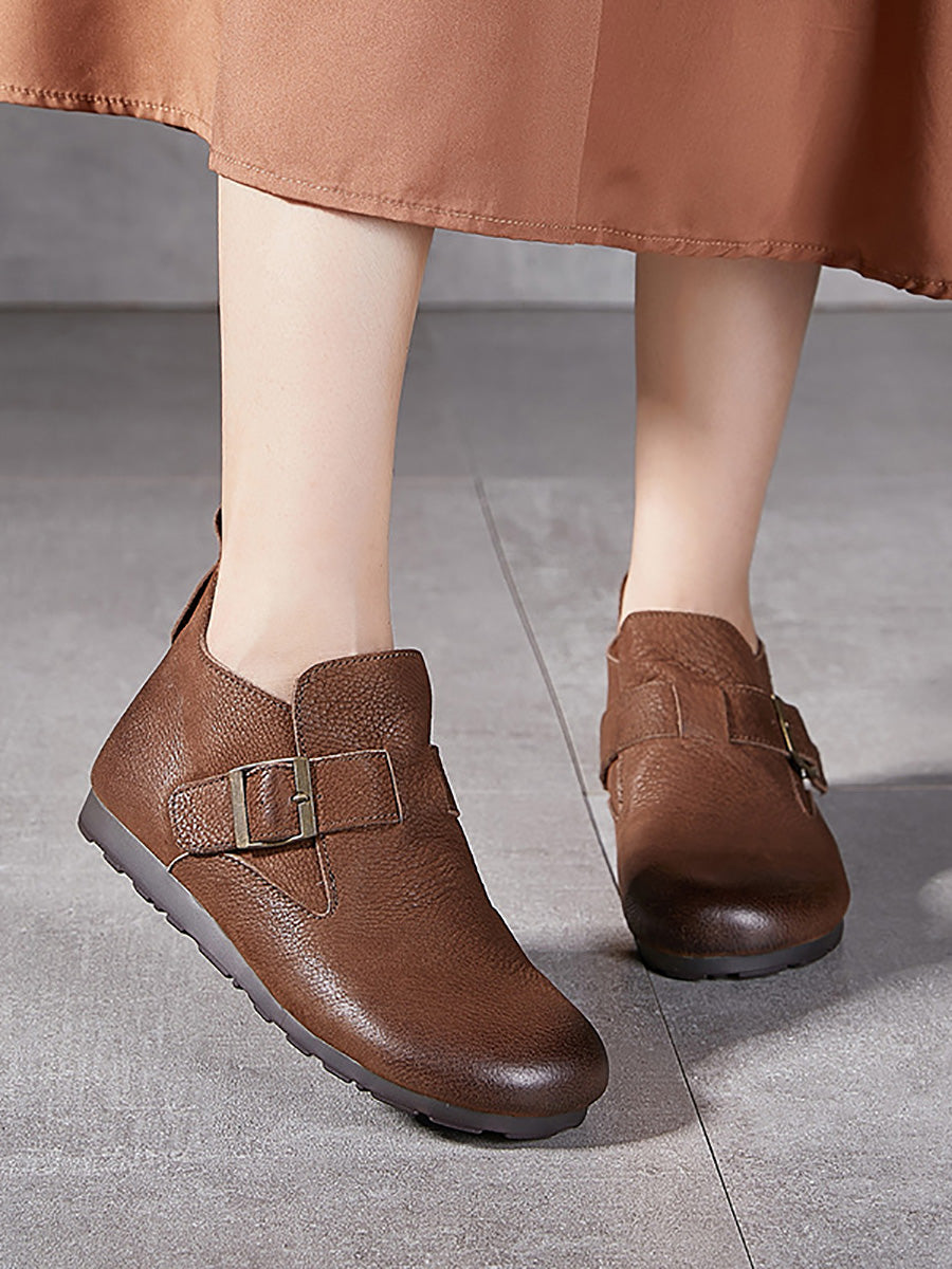 Women Vintage Soft Genuine Leather Buckle Flat Shoes