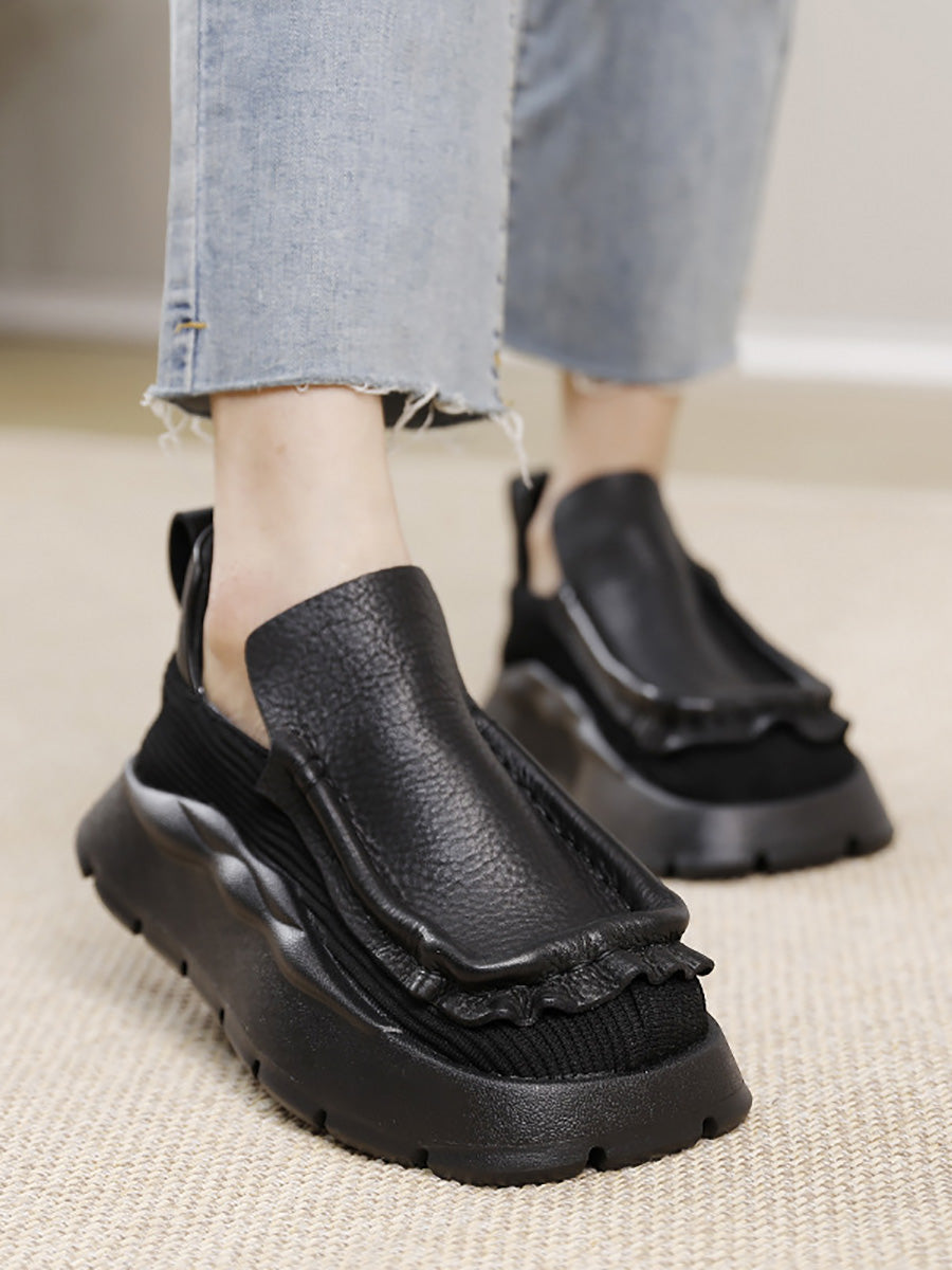 Women Retro Genuine Leather Spliced Platform Shoes