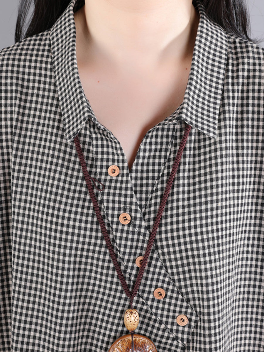Women Casual Plaid Slant Closure Button Loose Dress