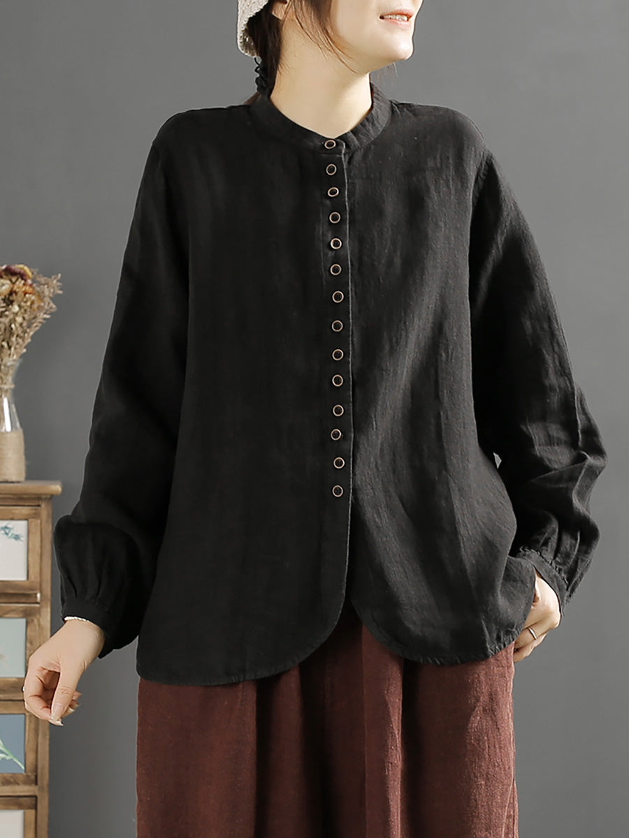 Camicia da donna in lino con bottoni e collo a V primaverile retrò