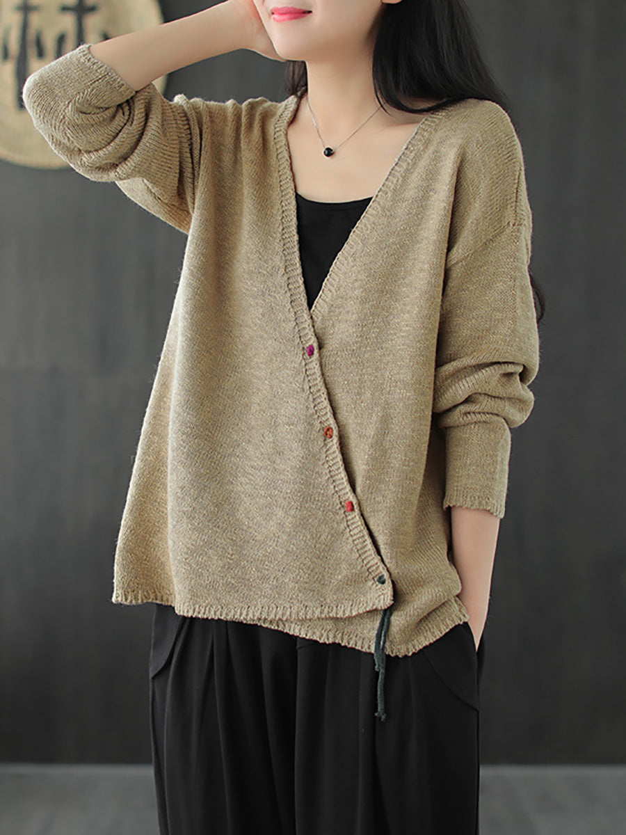 Women Knitted Retro Pure Color Vneck Sweater Coat