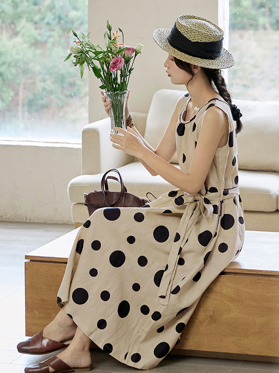 Vestito estivo casual da donna con coulisse in lino e pois