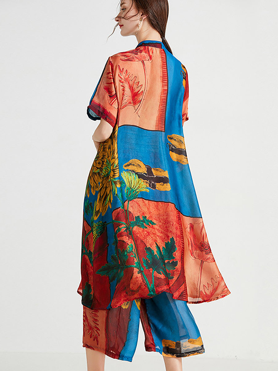 Camicia lunga con fiori artistici e pantaloni da donna