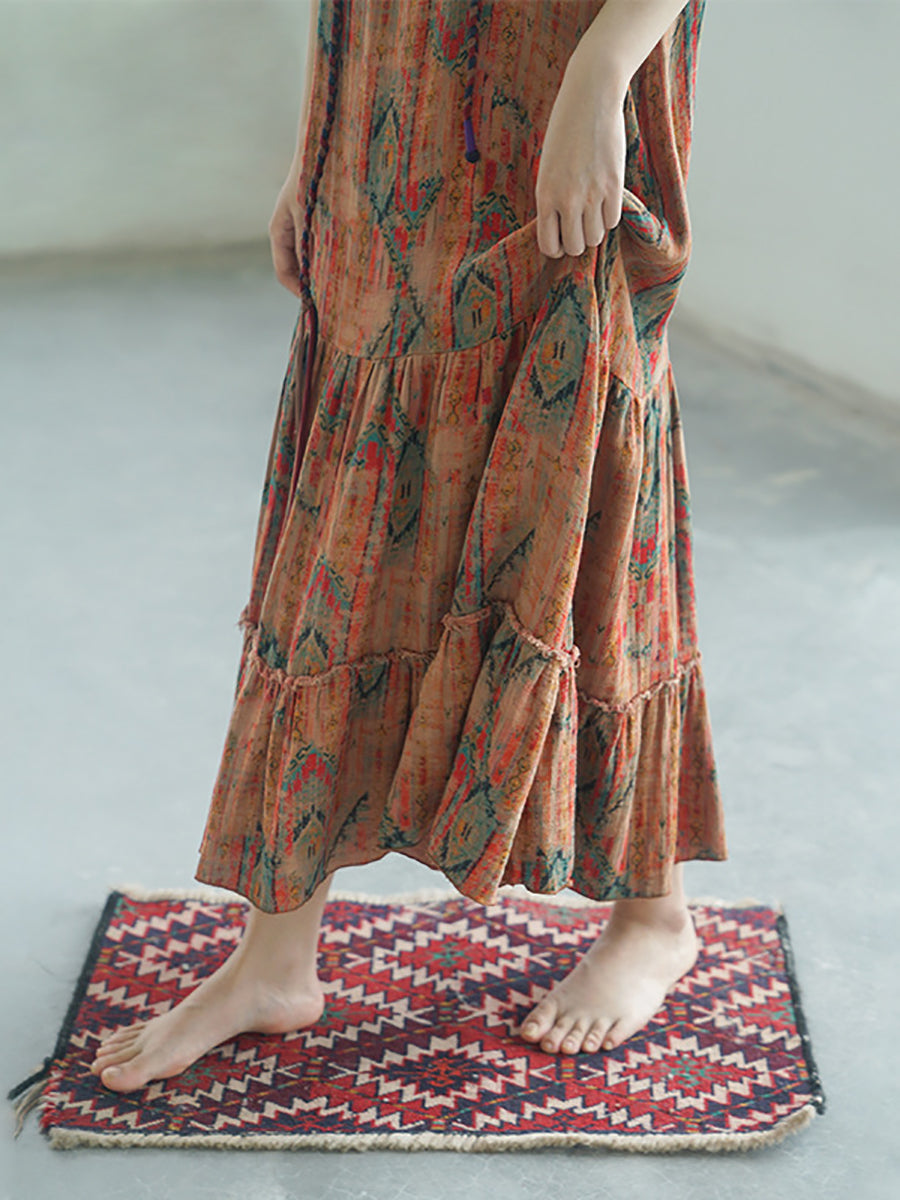 Women Exotic Print Cotton Loose Long Fishtail Vest Dress