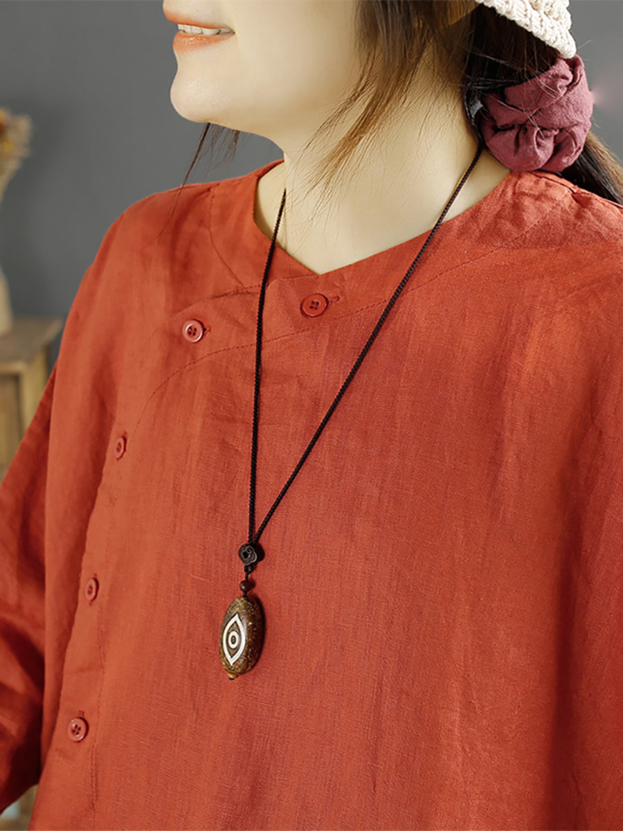 Camicia da donna in lino con chiusura inclinata vintage e tinta unita