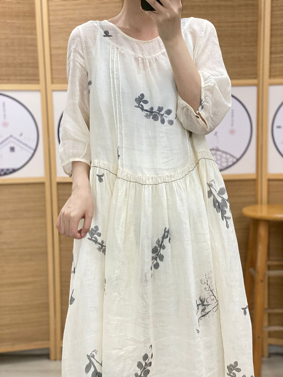 Vestito da donna vintage estivo etnico con pieghe a foglia in ramiè
