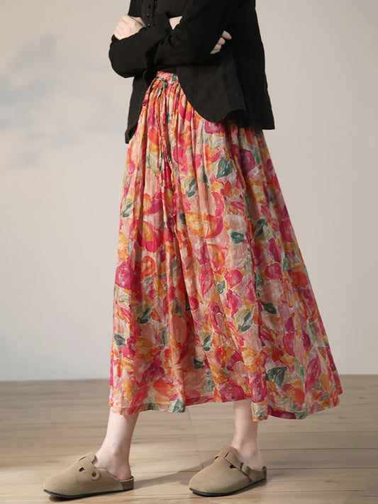Gonna estiva da donna con coulisse in ramiè con fiori artistici