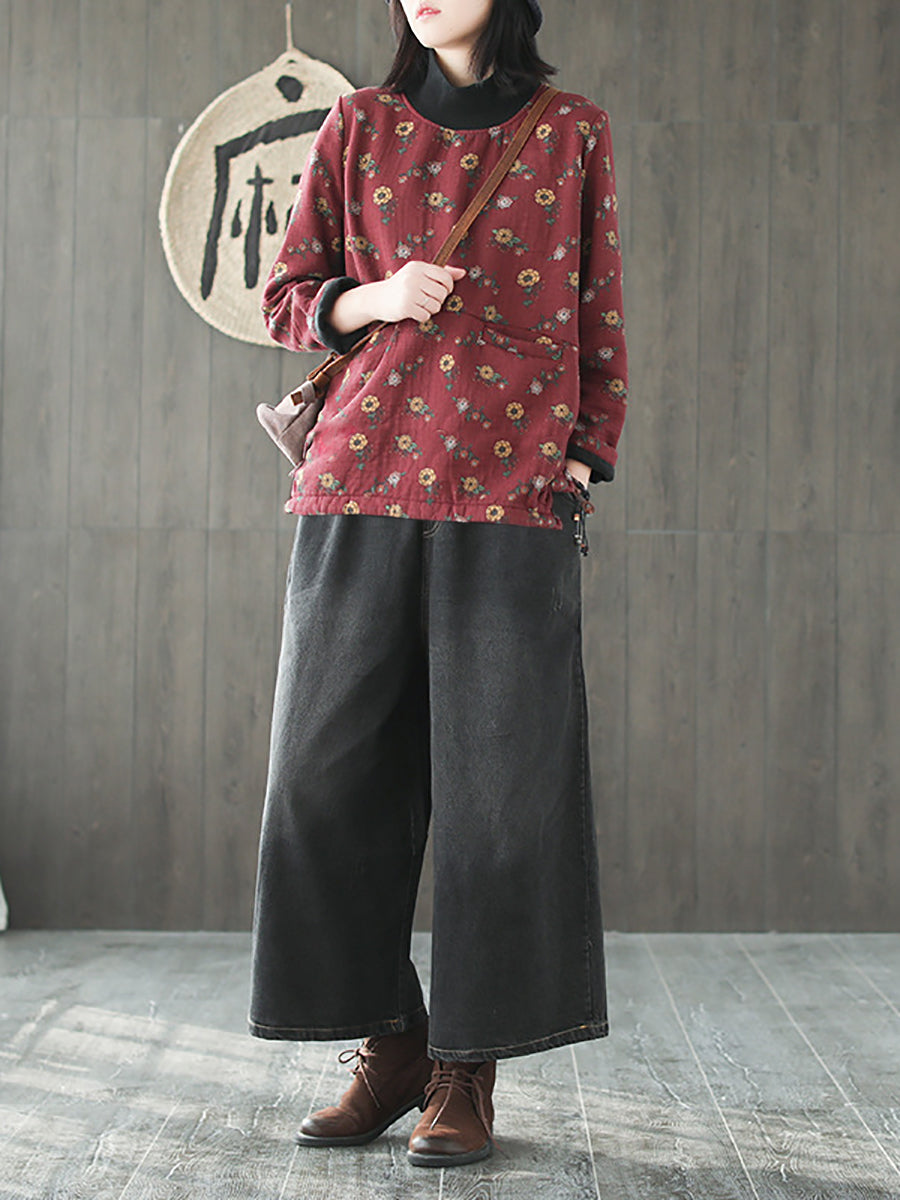 Camicia in cotone con collo a mezza altezza e fiore vintage