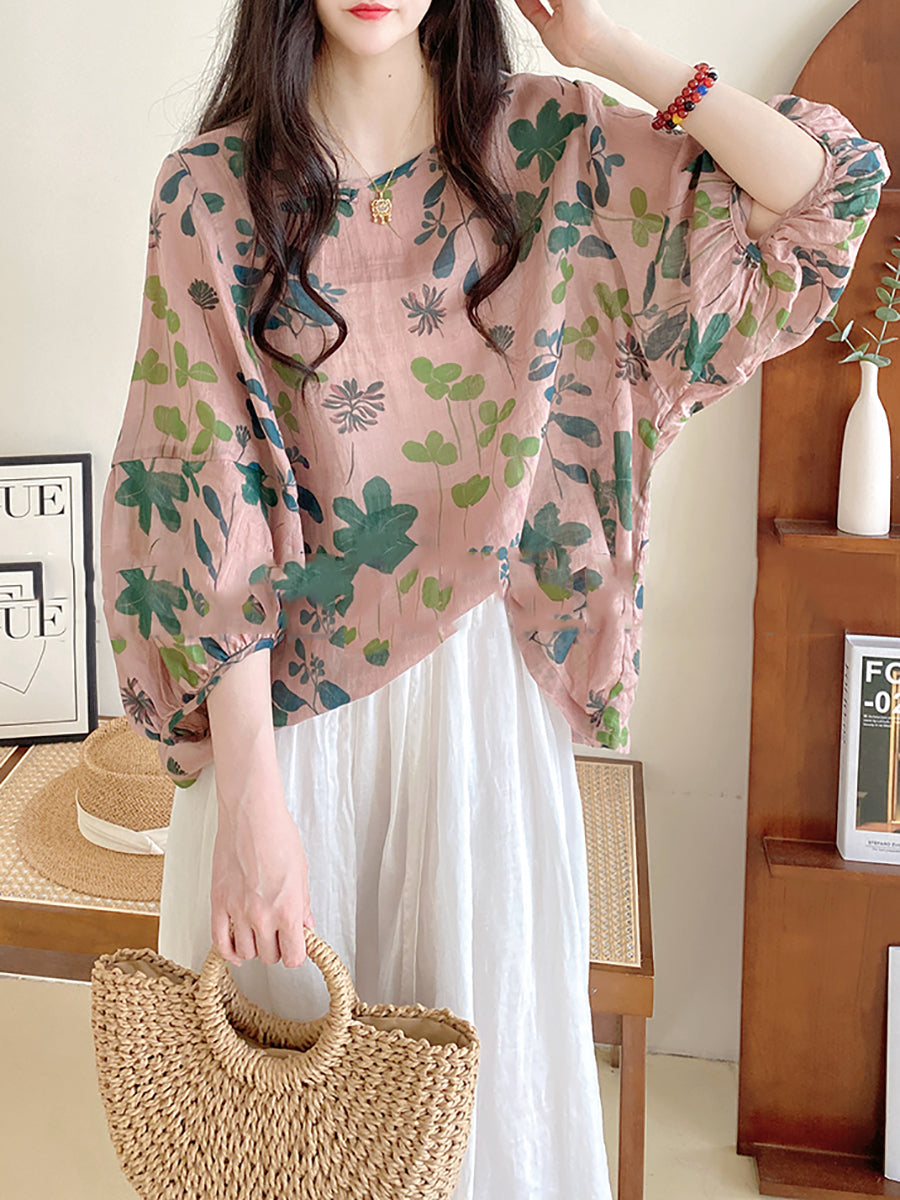 Camicia a collo alto con fiori artistici estivi da donna