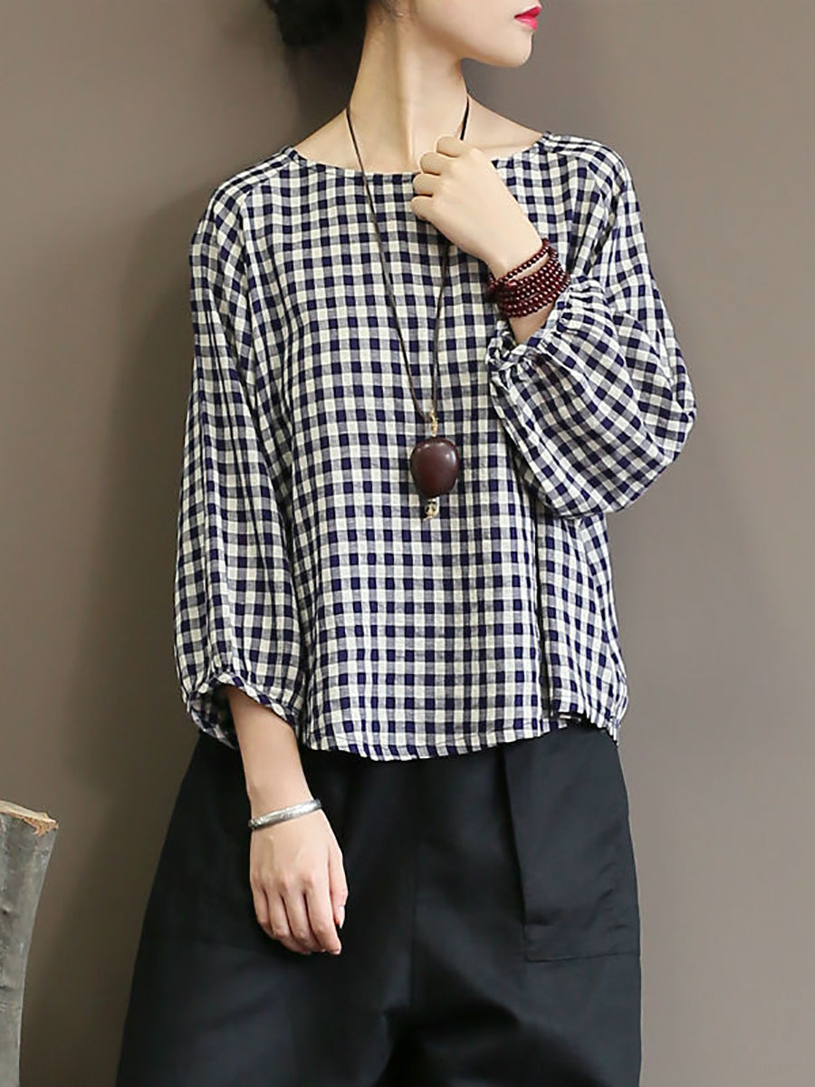Maglione largo in cotone con motivo scozzese vintage estivo da donna
