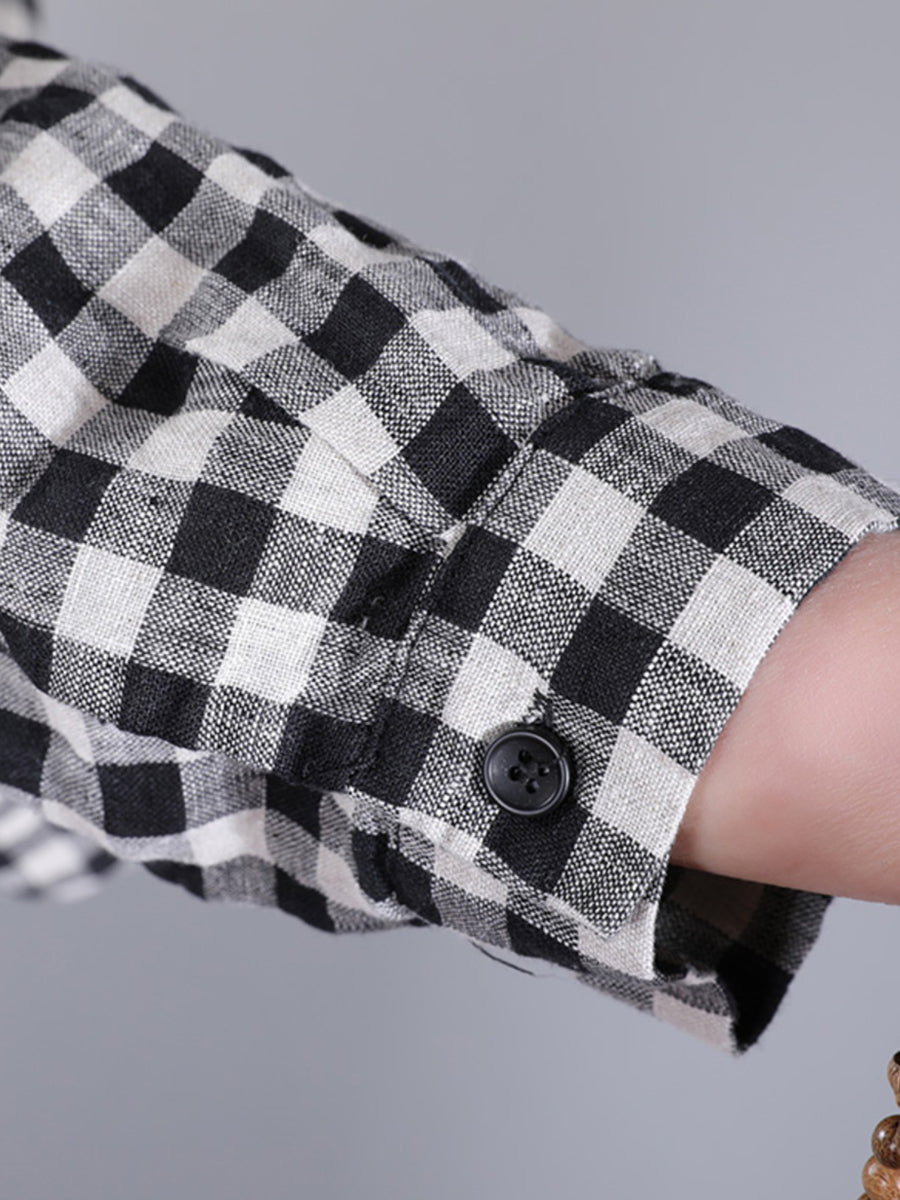 Abito cardigan in lino largo con tasca a quadri casual da donna