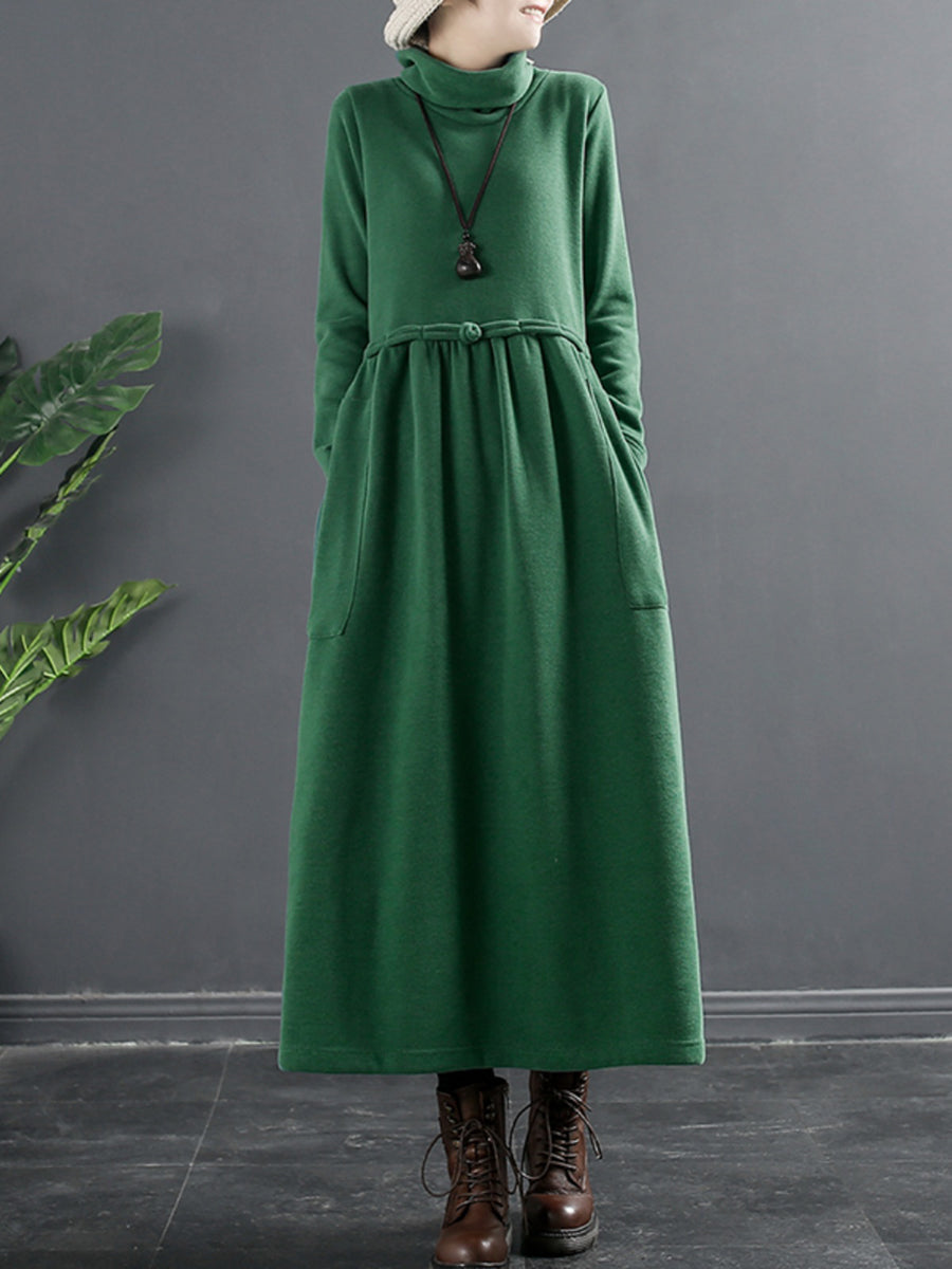 Abito lungo drappeggiato con collo alto in colore puro da donna
