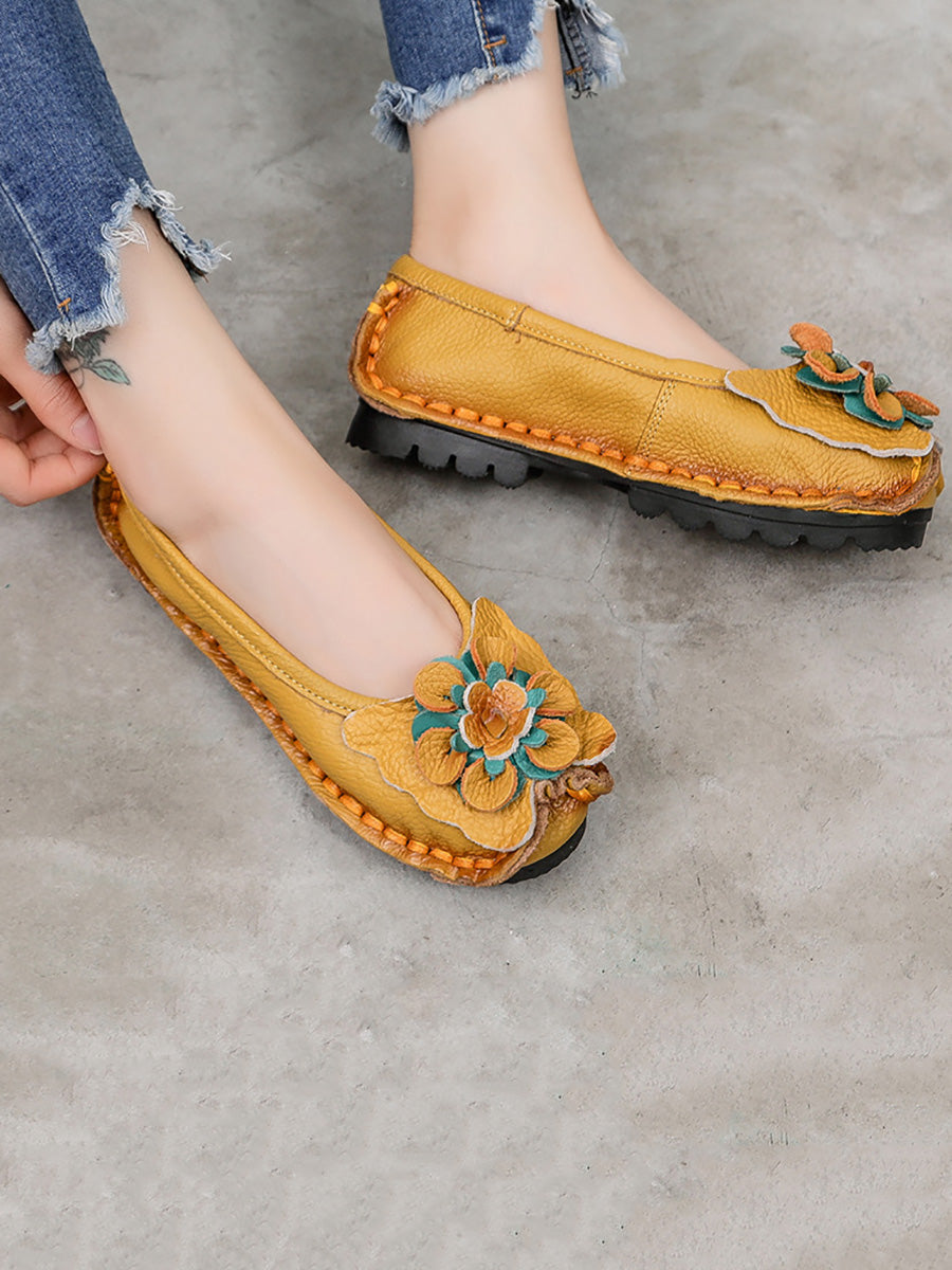 Scarpe estive vintage da donna in pelle con fiori intrecciati