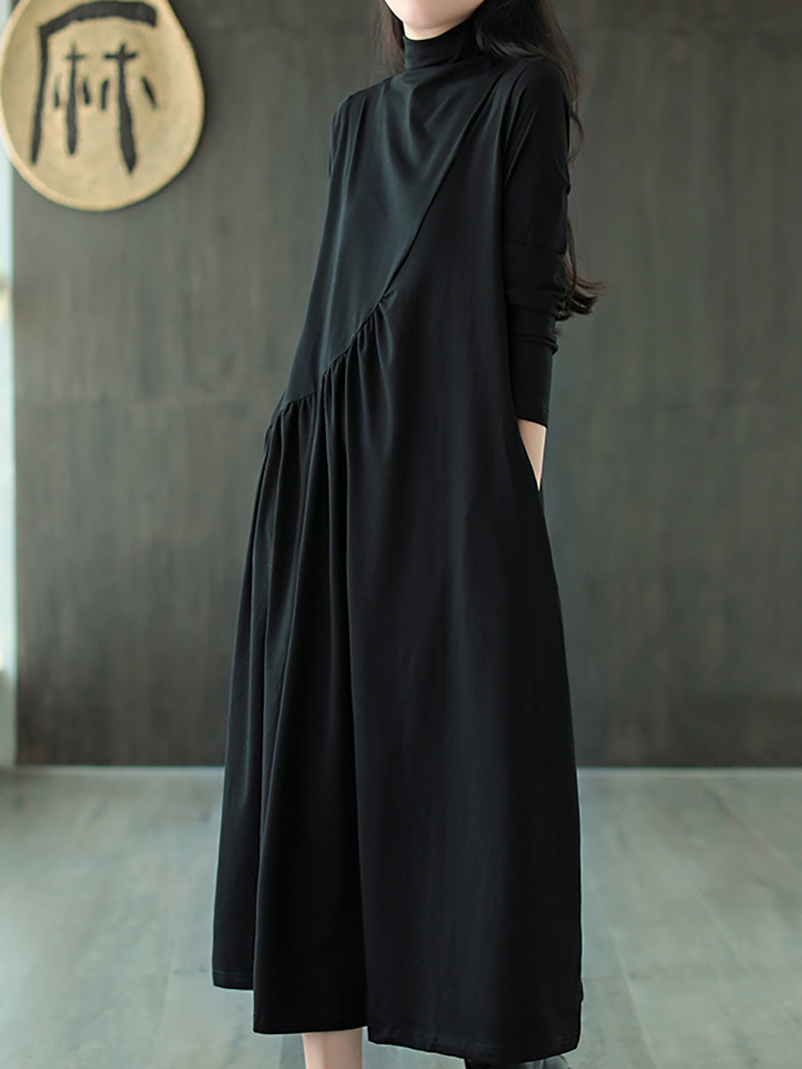 Robe à col montant drapée de couleur unie