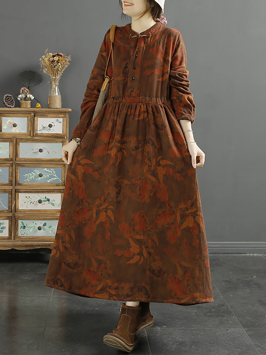 Abito da donna in cotone con stampa a foglia vintage autunnale