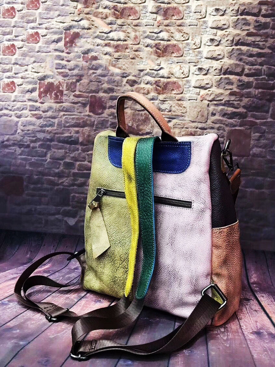 Zaino con cerniera in pelle multicolore da donna