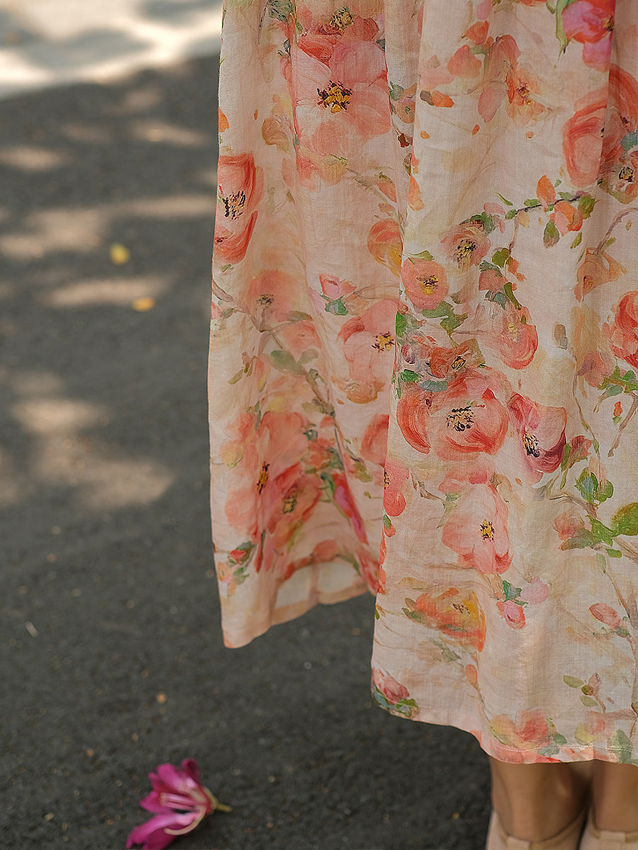 Vestito da donna vintage estivo con bottoni floreali e ampio in ramiè